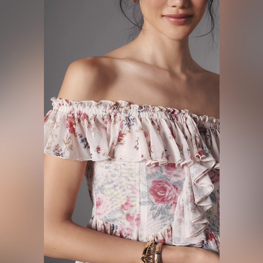 Anthropologie Off the Shoulder Mesh Top Small Pink Floral Ruffle Cottagecore NWT - Picture 2 of 12